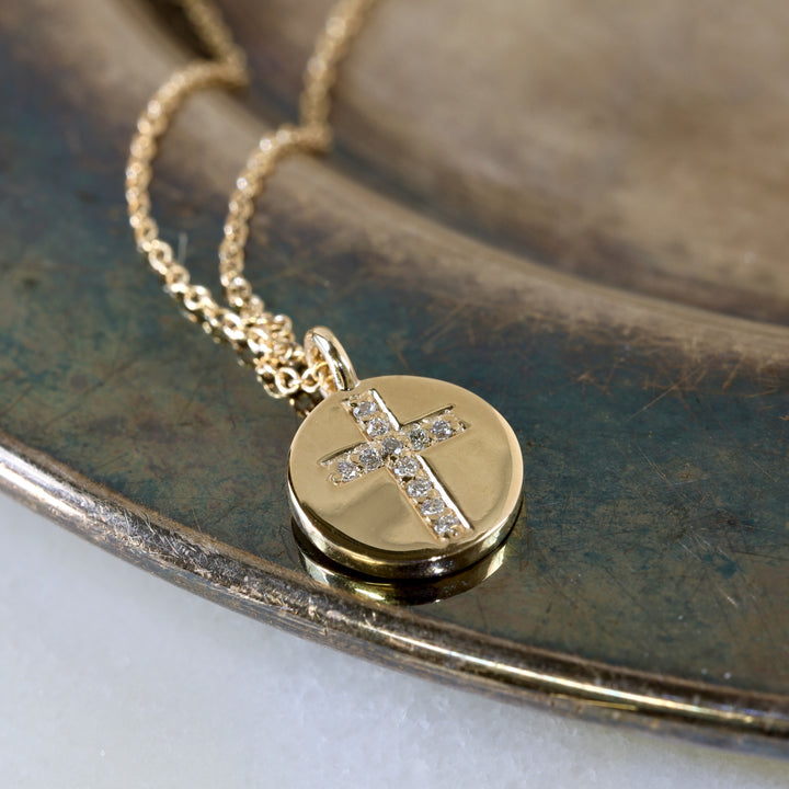 Disc Cross Pendant with Natural Diamonds