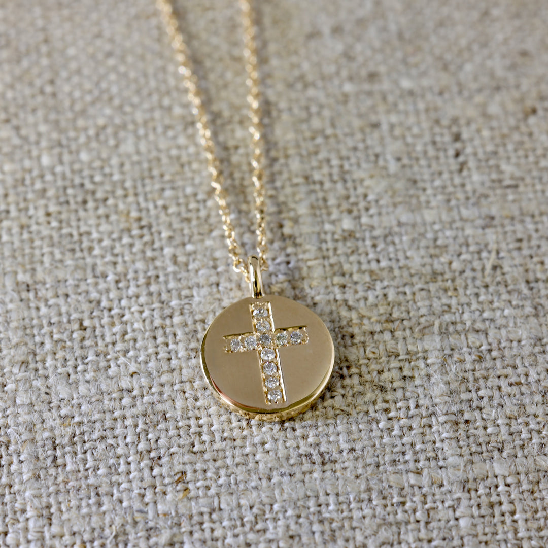 Disc Cross Pendant with Natural Diamonds