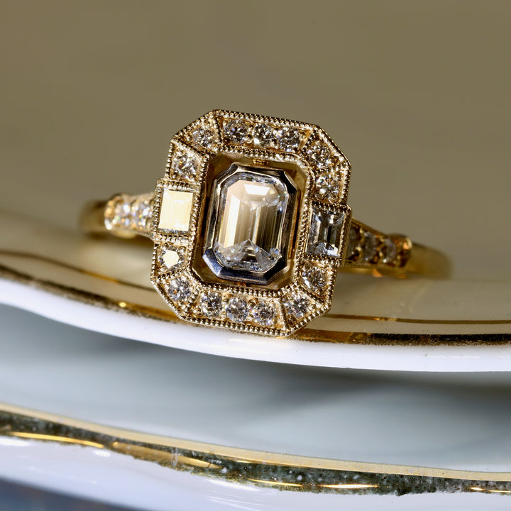 Art Deco Emerald Cut Diamond Halo Ring