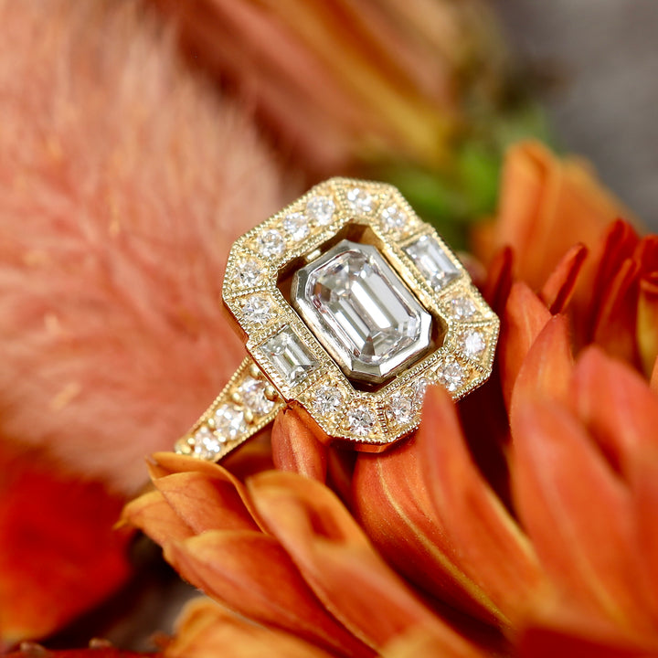 Art Deco Emerald Cut Diamond Halo Ring