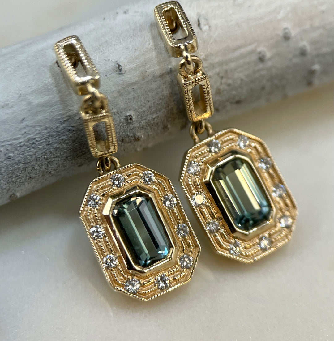Emerald Cut Sapphire and Diamond Earrings-SOLD