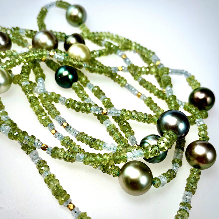 Long Necklace with Tahitian Pearls and Green Sapphires