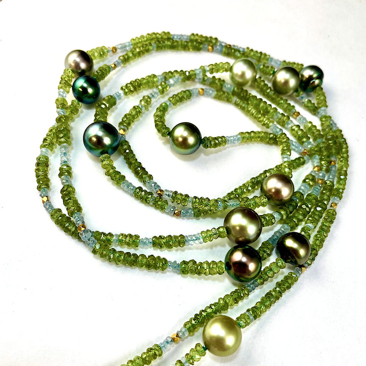 Long Necklace with Tahitian Pearls and Green Sapphires