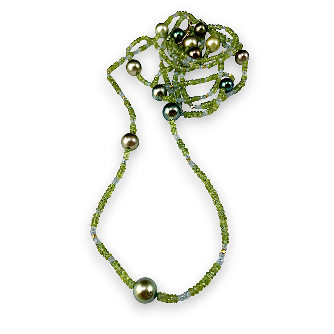 Long Necklace with Tahitian Pearls and Green Sapphires