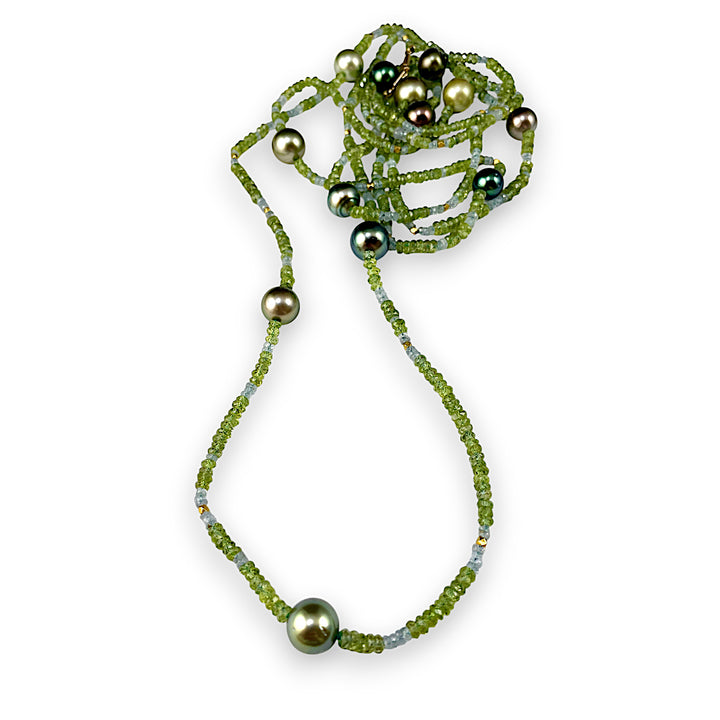 Long Necklace with Tahitian Pearls and Green Sapphires