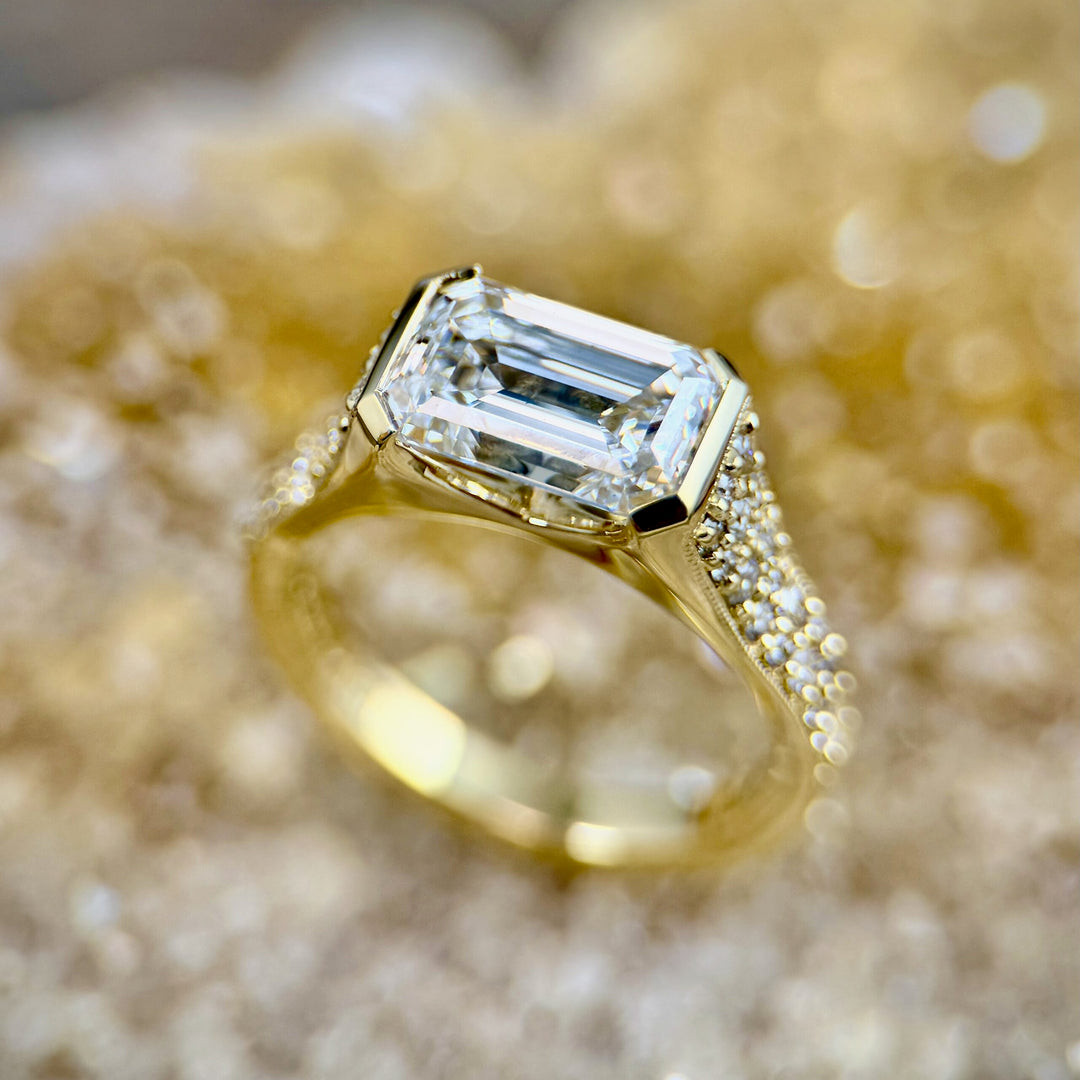 Emerald  Cut Lab Grown Diamond With Pavé Diamond Shoulders R379