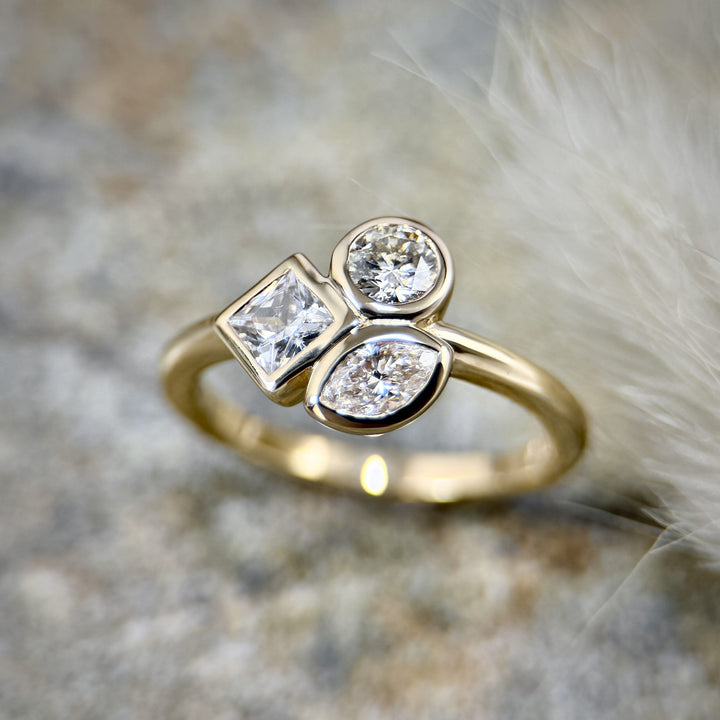 3-Stone Diamond Bezel Cluster Ring in Yellow Gold