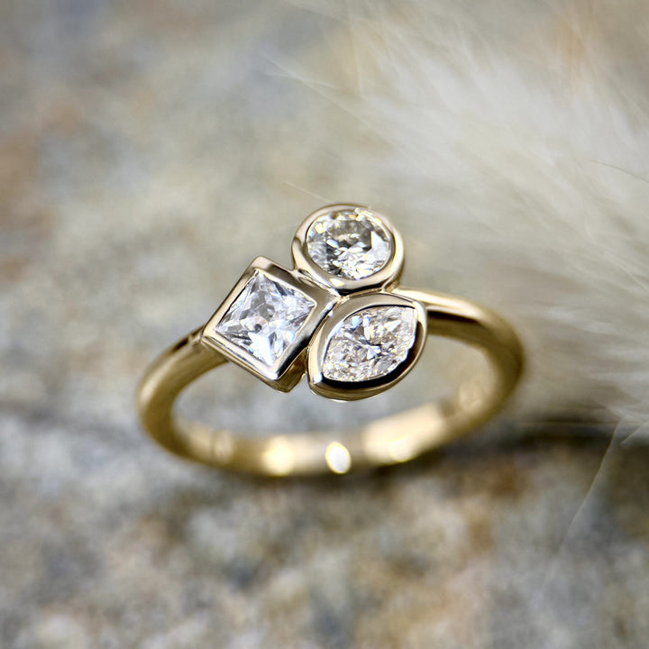 3-Stone Diamond Bezel Cluster Ring in Yellow Gold