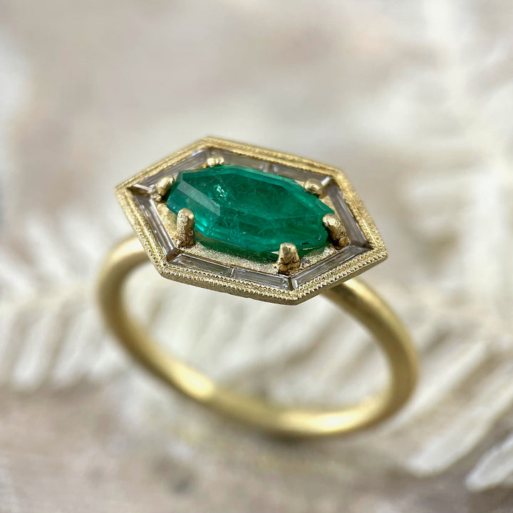 Emerald Halo Ring with Diamond Baguettes- SOLD