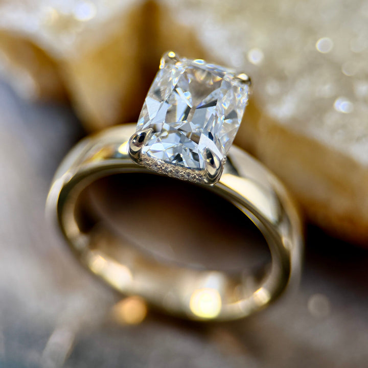 Old European Cut Cushion Shaped Diamond with Wide Band, Hidden Halo