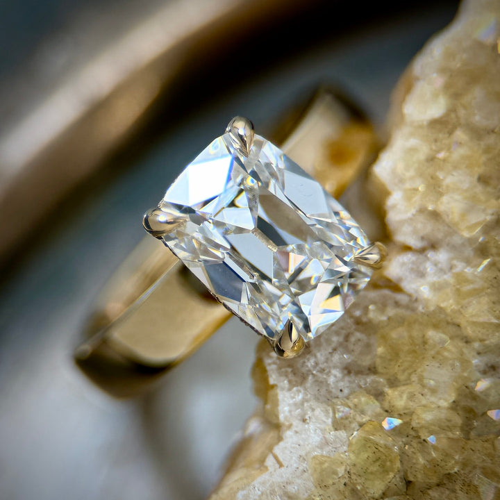 Old European Cut Cushion Shaped Diamond with Wide Band, Hidden Halo