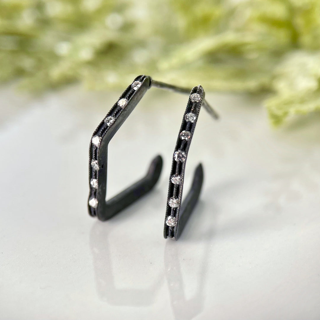 Blackened Silver Geometric Hoop Earrings with Diamonds- Available for special order