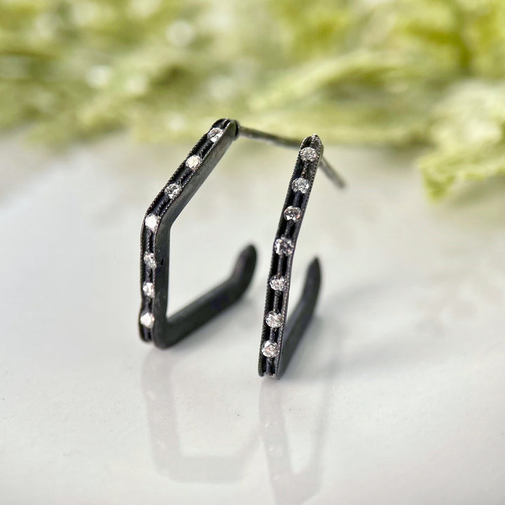 Blackened Silver Geometric Hoop Earrings with Diamonds- Available for special order