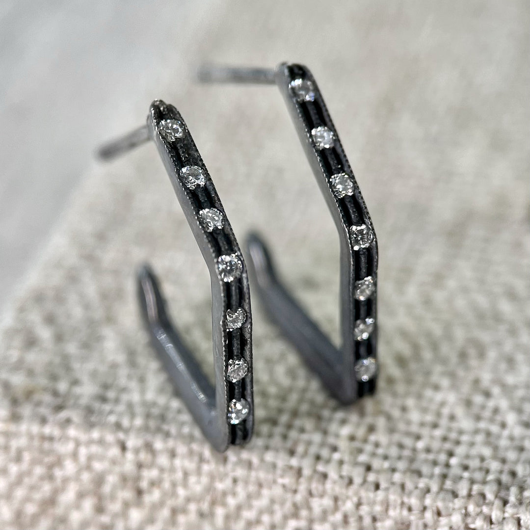 Blackened Silver Geometric Hoop Earrings with Diamonds- Available for special order