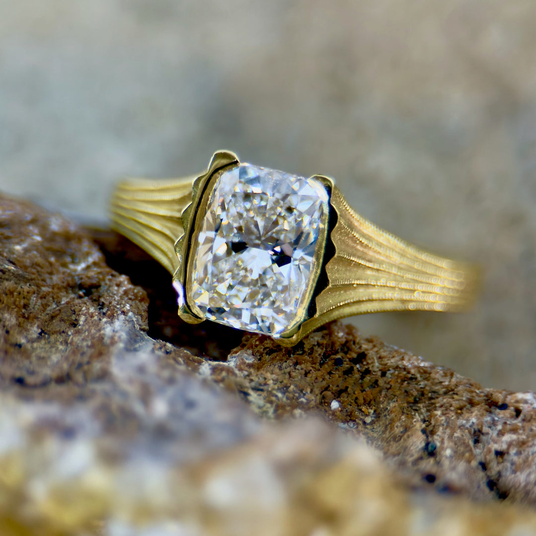 Lab Grown Cushion Diamond Ring with Fern Finish Texture R379ff - SOLD