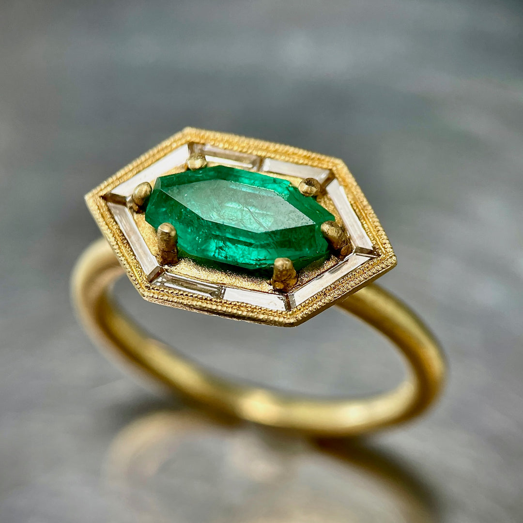 Emerald Halo Ring with Diamond Baguettes- SOLD