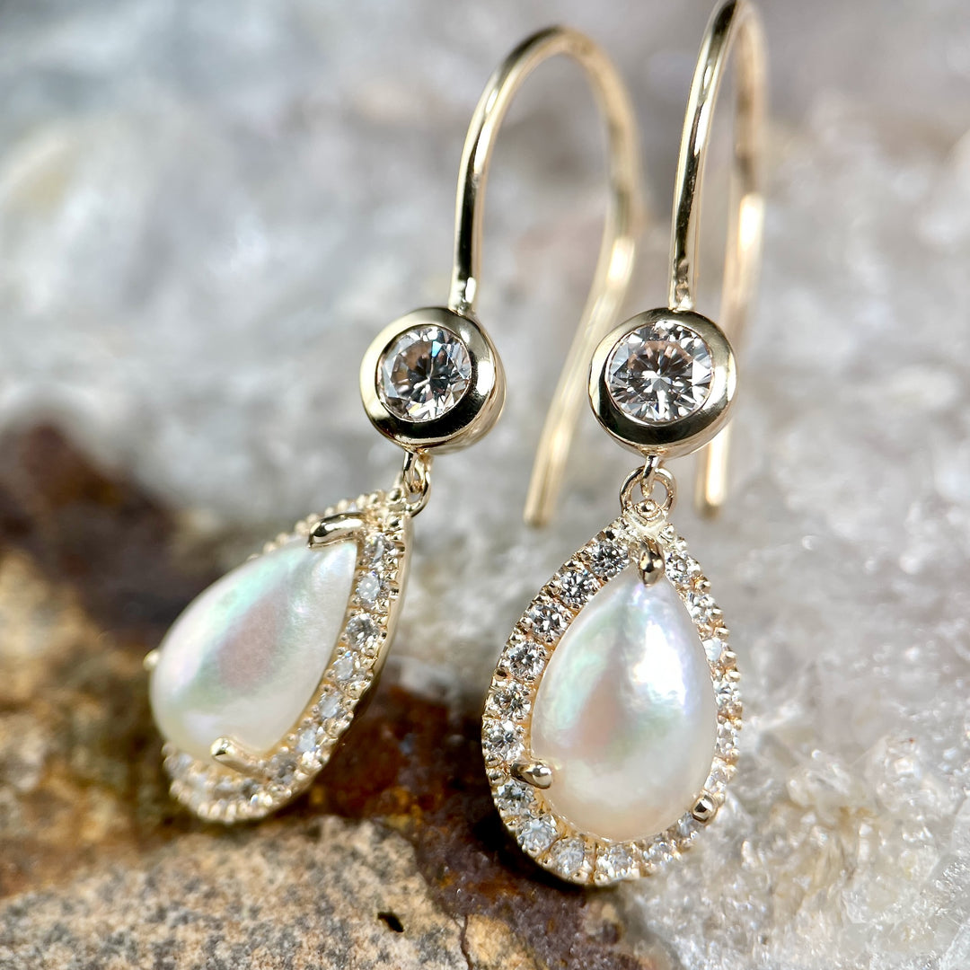 Pear-Shaped Pearl Halo Drop Earrings with Diamonds- SOLD