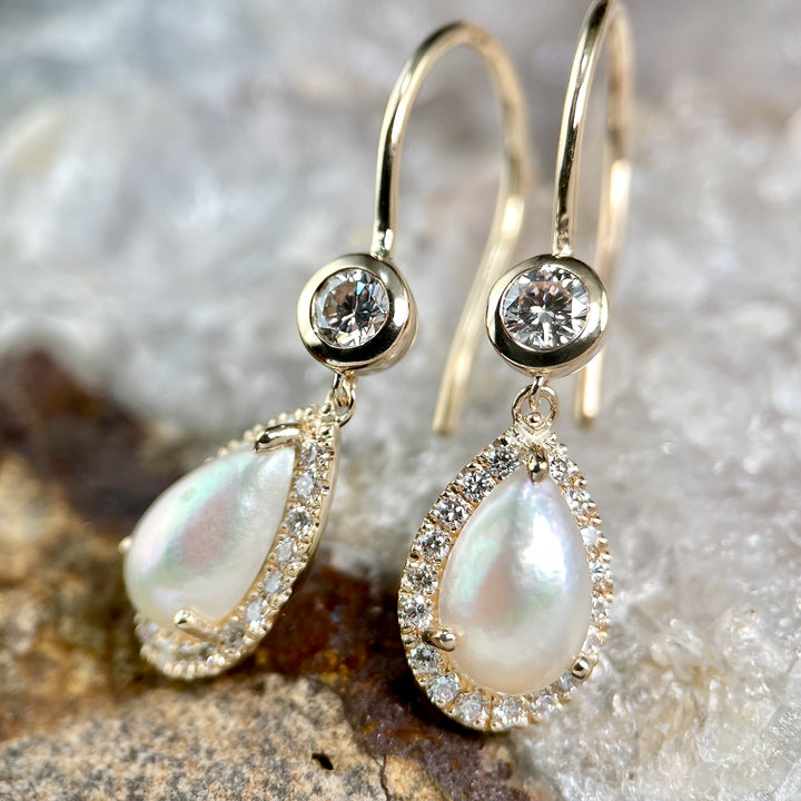 Pear-Shaped Pearl Halo Drop Earrings with Diamonds- SOLD