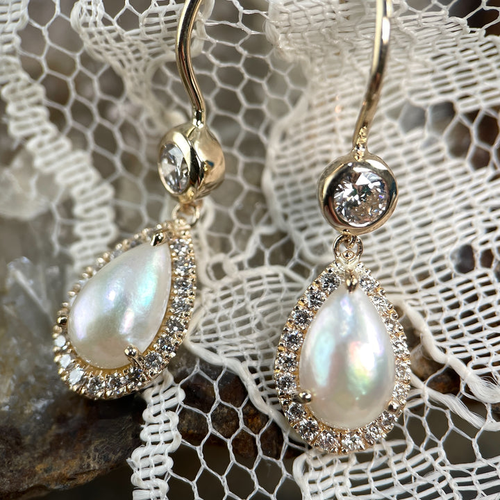 Pear-Shaped Pearl Halo Drop Earrings with Diamonds- SOLD