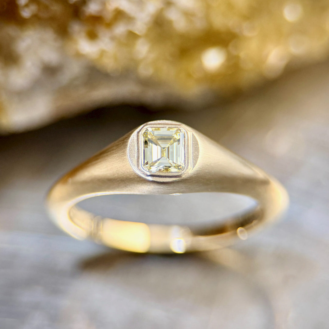 Signet Pinky Ring with Emerald Cut Fancy Yellow Diamond- SOLD